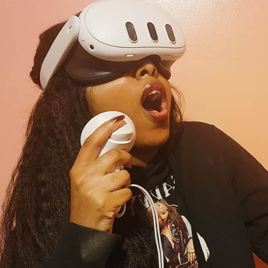 meta quest 3 in use by a women with one controler