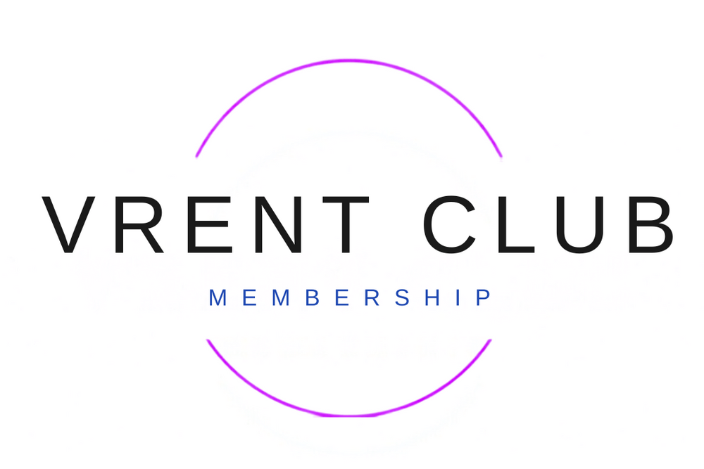 A digital graphic for Vrent Club Membership, featuring a clean white background with black and blue text, purple curved line accents, and tiered pricing labels for Club, Plus, Pro, and Elite.