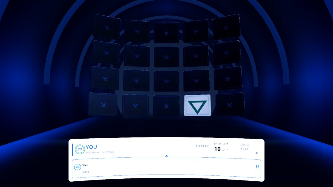 Das Memory-Spielbrett von VRENT Memory XR: ein 5x4-Kartenraster schwebt im Neon Vault, eine Karte ist aufgedeckt.